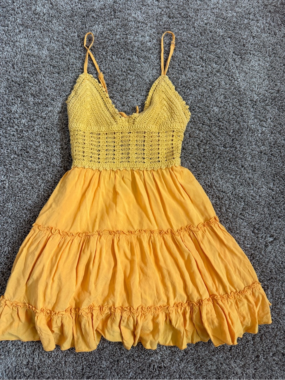 Zaful Yellow Crochet Bodice Tiered Sundress